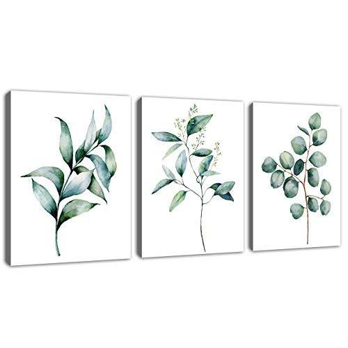 Green Leaf Wall Art Canvas Pictures Bathroom Wall Decor Modern Botanical Watercolor Painting Eucalyptus Leaves Bedroom Decoration Contemporary Bohemian Artwork Framed Ready to Hang 12" x 16" 3 Pieces