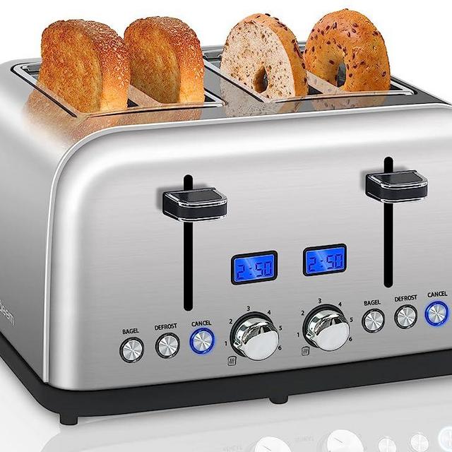 SEEDEEM Toaster 4 Slice, Bread Toaster with LCD Display, 6 Shade Settings Stainless Toaster, 1.5'' Wide Slots, Digital Toaster for Bagel, Defrost, Reheat, Dual Control, Removable Crumb Tray, 1500W, Silver Metallic
