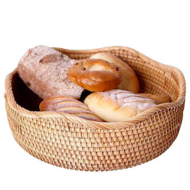 AMIDECOR Rattan Woven Fruit Basket, Natural Round Bread Basket, Decorative Fruit Bowl for Kitchen Counter, Kitchen Storage Baskets for Vegetables, Eggs,Snacks
