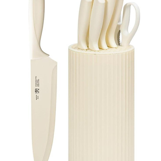 HUNTER.DUAL Knife Set, 8-Piece Kitchen Knife Set for Chef, Sharp Knife Set with Universal Knife Block, Anti-Rust Kitchen Knife Block Set, Ergonomical Design (White)