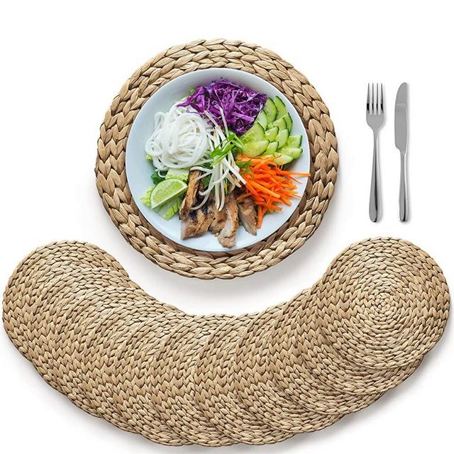 Woven Placemats (Set of 10), Round Placemats Rattan Placemats, Wicker Water Hyacinth Placemats, 11.8'' Natural Color Round Braided Placemats Set, Heat Resistant/Anti-Slip/Durable for Dinner Plate