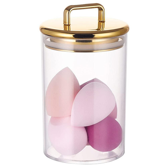 24 oz Medium Acrylic Storage Apothecary Jar with Gold Airtight Lid | Bathroom Vanity Organizer Containers | Perfect Decorative Canisters for Shells, Bath Salt, Grains, Cotton Ball, Flossers