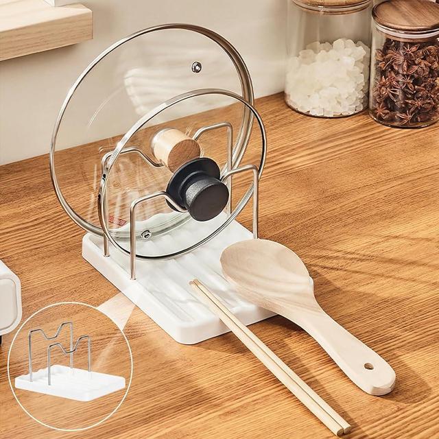 Spoon Rest with Pot Lid Holder - Pot Lid Organizer with 2 Racks, Lid and Spoon Rest for Kitchen Counter, Spoon Holder for Stove Top, Multifunction Kitchen Gadget Rack for Cooking