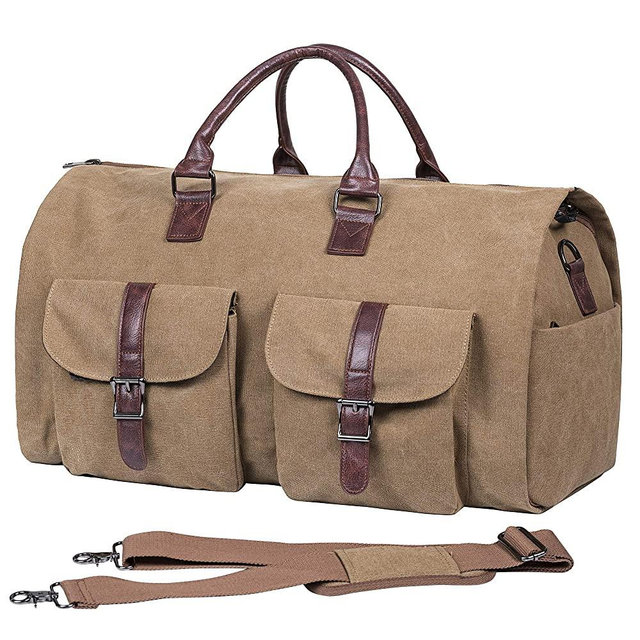 Carry On Garment Bag, Waterproof Mens Garment Bag for Travel Business, Large Leather Duffel Bag with Shoe Compartment -Brown