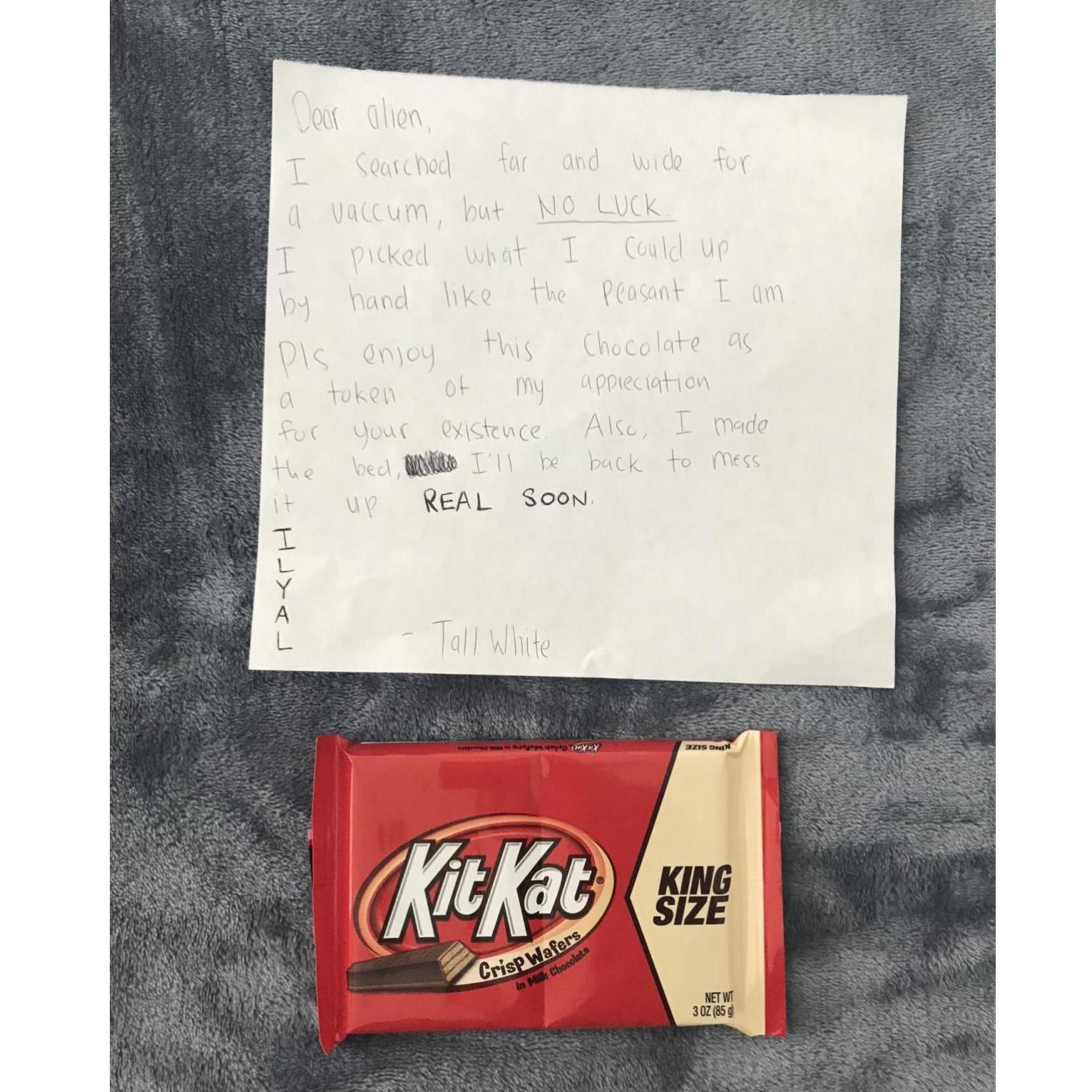 02/20/18 - the first note Garrett wrote Hailey - and the first of many times he'll clean her/their room