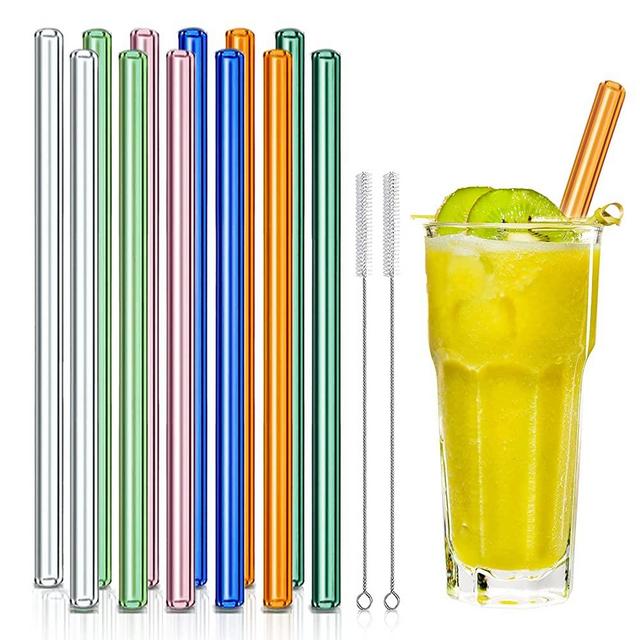 Reusable Glass Straws, 10mm Straight Glass Drinking Straws, 12 Pack with 2 Cleaning Brushes, Non-Toxic, BPA Free Glass Straws for Beverages, Shakes, Milk Tea, Juices (Multicolor)