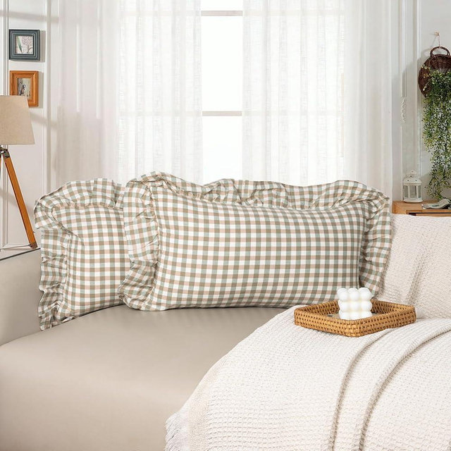 JoraLion 12"x20" Throw Pillow Covers, Green Scalloped Cotton Plaid Gingham Ruffle Decor Pillowcase Farmhouse Soft Cushion Case for Couch Sofa Bed Living Room, Set of 2, Covers ONLY