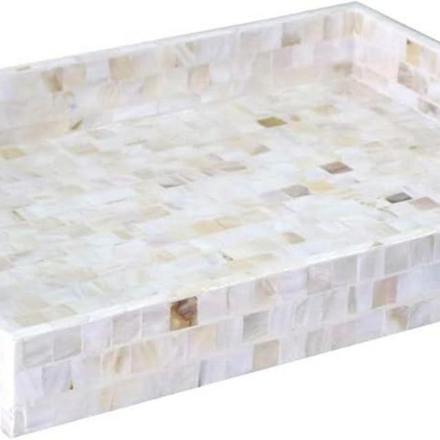 PEMAR Rectangular Mother of Pearl Serving Tray Nacre Wood Lap Tray Coffee Table Ottoman Tray w Insert Handles, Luxury Decorative Handmade Eating Tray (Milano)