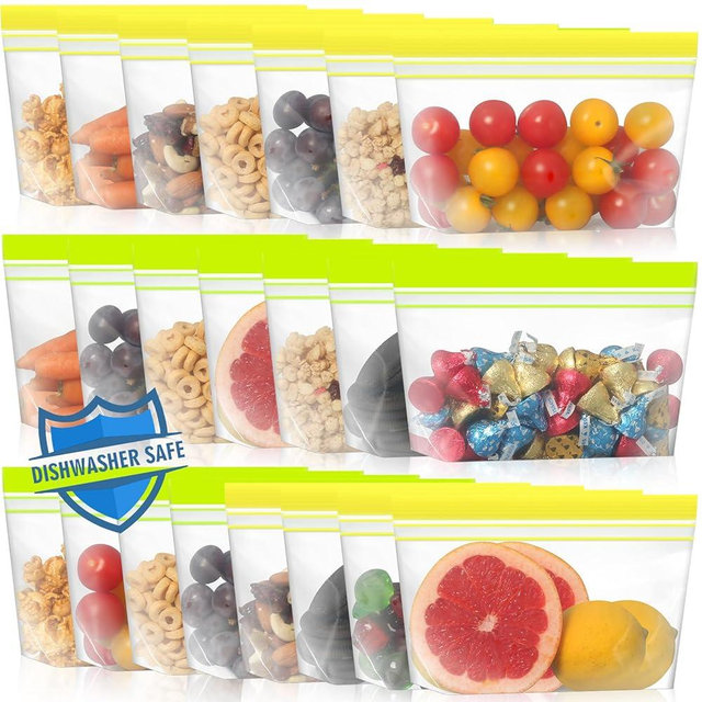 Lerine 22 Pack Reusable Snack Bags Dishwasher Microwave Safe, Stand Up Reusable Food Storag Bags, BPA Free Leakproof Reusable Bags Snack Pouch for Candy, fruits, Cereal, Home Organization