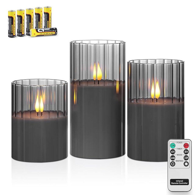 Rhytsing Smoked Ribbed Glass Battery Operated LED Candles with Remote, Flameless Candle with Timer Gift Set for Home Decor, Warm White Lights- Include 6 Batteries - Set of 3