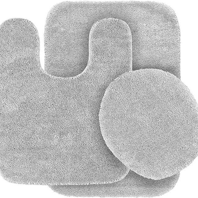 Better Home Style 3 Piece Bathroom Rug Set Bath Rug, Contour Mat, Lid Cover Non-Slip with Rubber Backing Solid Color (Silver/Light Grey)