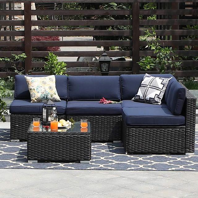 PHI VILLA 5-Piece Outdoor Furniture Set Rattan Wicker Patio Sectional Sofa with Tea Table, Blue
