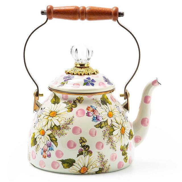 MACKENZIE-CHILDS Enamel Tea Kettle, Cute Kitchen Kettle for Stovetop, 2-Quart Capacity, Pink Wildflowers