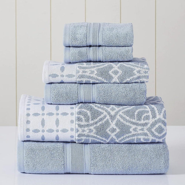 Modern Threads 6 Piece Set, 2 Bath Towels, 2 Hand Towels, 2 Washcloths Yarn Dyed Jacquard/Solid Towel Set Monroe Blue