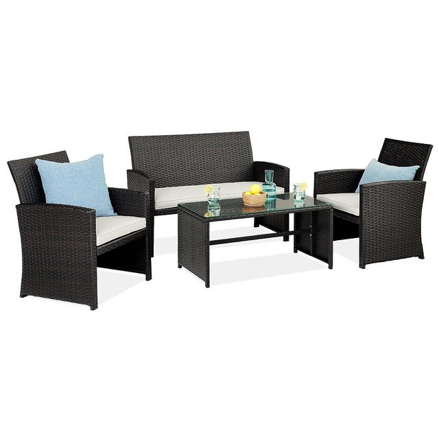 Best Choice Products 4-Piece Outdoor Wicker Patio Conversation Furniture Set for Backyard w/Coffee Table, Seat Cushions - Black/White Sand