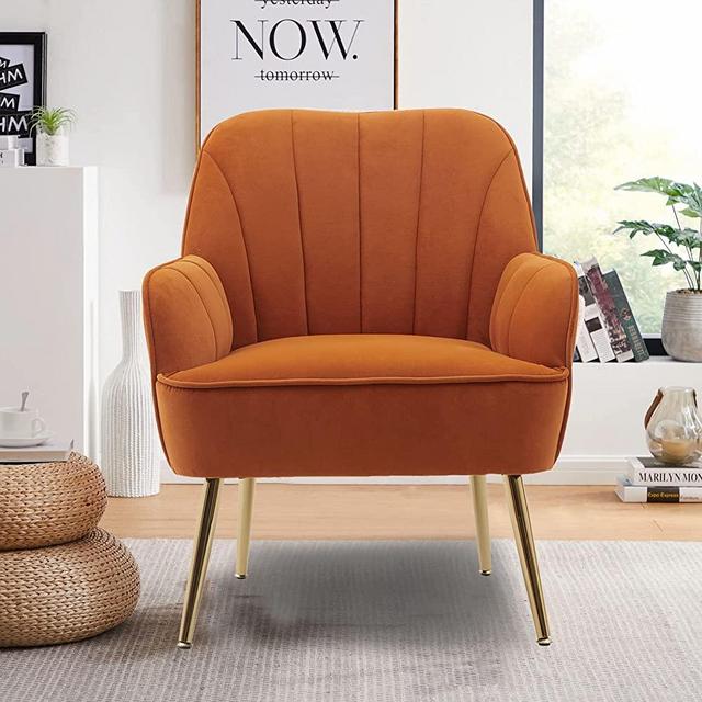 Goujxcy Accent Chair, Velet Upholstered Armchair, Tufted Small Living Room Chair Club Chair with Golden Metal Legs, Mid Century Modern Comfy Reading Chair for Bedroom Living Room Home Office