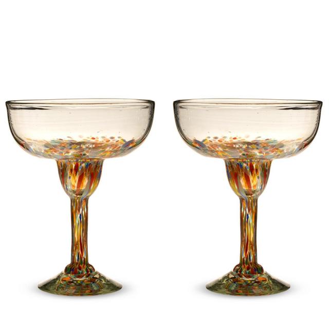 Segunda Vida Artistico Margarita Bar Glasses, Mexican Margarita Glasses Set Home Cocktail Bar Gifts, 100% Recycled Glass, Multicolor 10oz Set of 2