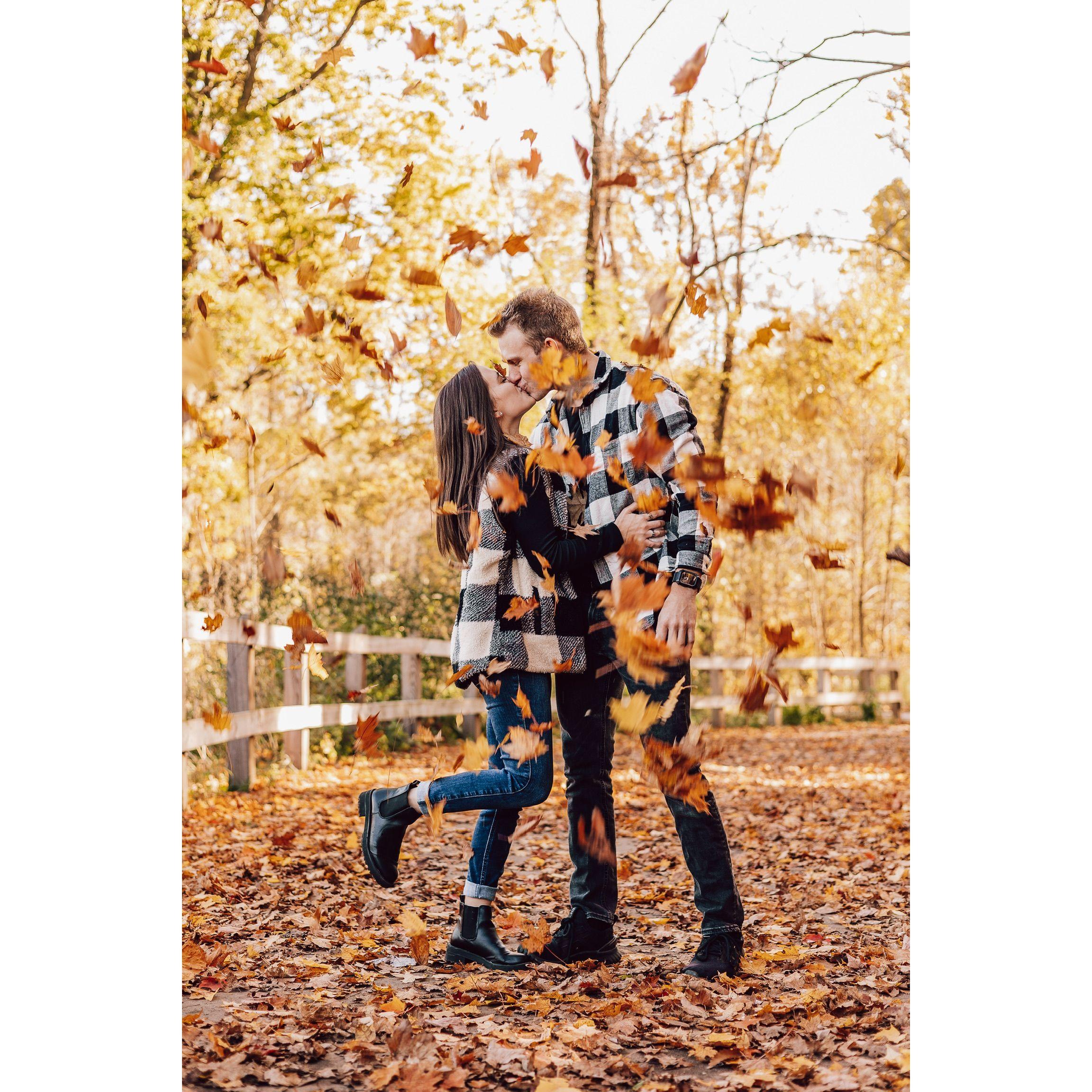The first attempt at this shot involved Jordan throwing the leaves up and not kissing Cameron - which was not the plan.