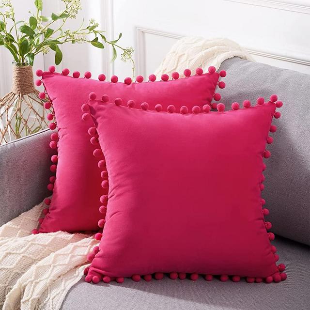 Top Finel Hot Pink Decorative Throw Pillow Covers 18 x 18 Inch Fuschia Velvet Square Cushion Case with Pom-poms for Living Room Couch Bed Sofa 45 x 45cm, Spring Boho Home Decor, Pack of 2