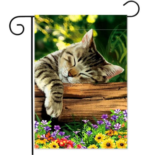 YMYIELD Cute Sleeping Cat Garden Flag 12.5 x 18 inch Double Sided Home Decorative, Spring Summer Garden Flag Farmhouse Yard Outdoor Decor
