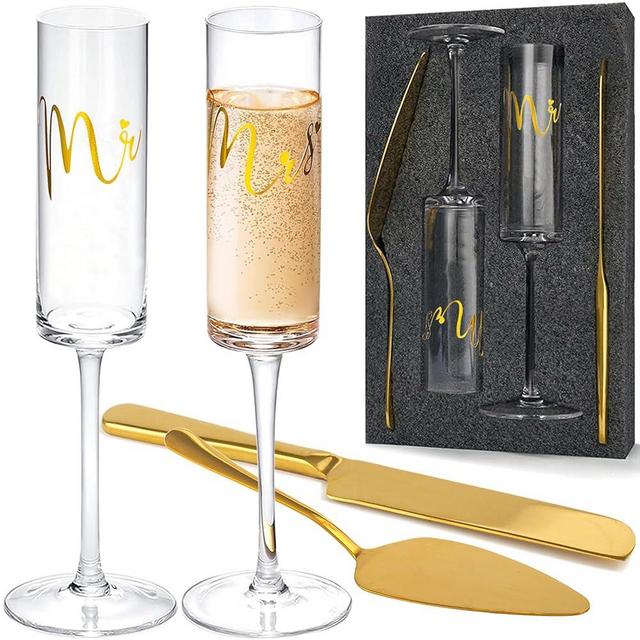 iooiluxry Wedding Cake Knife and Server Set, Wedding Champagne Flutes, Gold Mr and mrs Champagne Flutes Bride and Groom Toasting Glasses Cake Cutting Set for Wedding Engagement Gifts