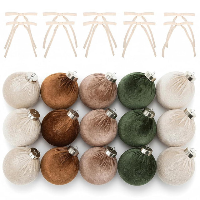 Elegant Velvet Christmas Ornaments & Velvet Bows Set – Complete Tree Decor Kit with 15 Shatterproof Balls & 10 Matching Bows – Neutral Holiday Flocked Ornaments for Christmas Tree Decoration