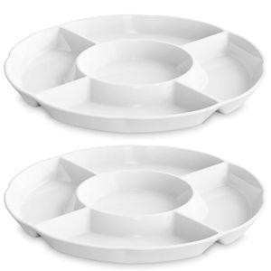 Veggie Tray Set of 2, Porcelain Chip & Dip Serving Set Divided Serving Platter White Serving Tray for Father's Day Party, Fruits, Veggies, Candy, Snack, Dessert, 12 inch