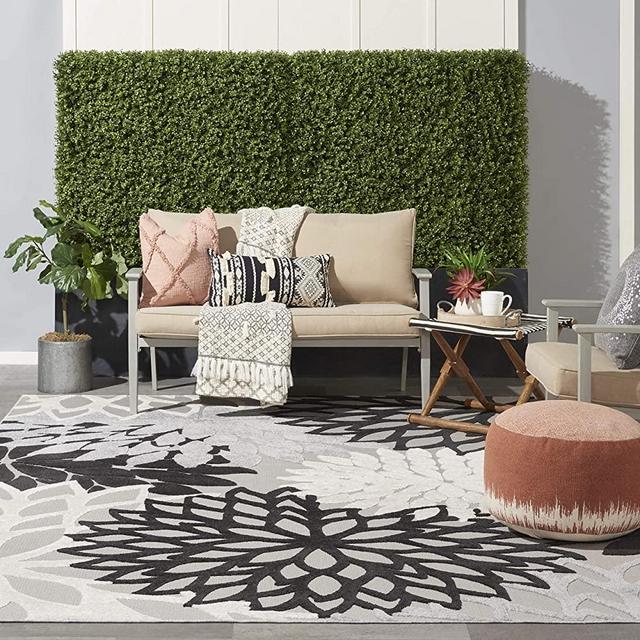 Nourison Aloha Indoor/Outdoor Black White 7'10" x 10'6" Area-Rug, Tropical, Botanical,Easy-Cleaning, Non Shedding, Bed Room, Living Room, Dining Room, Deck, Backyard, Patio (8x10)