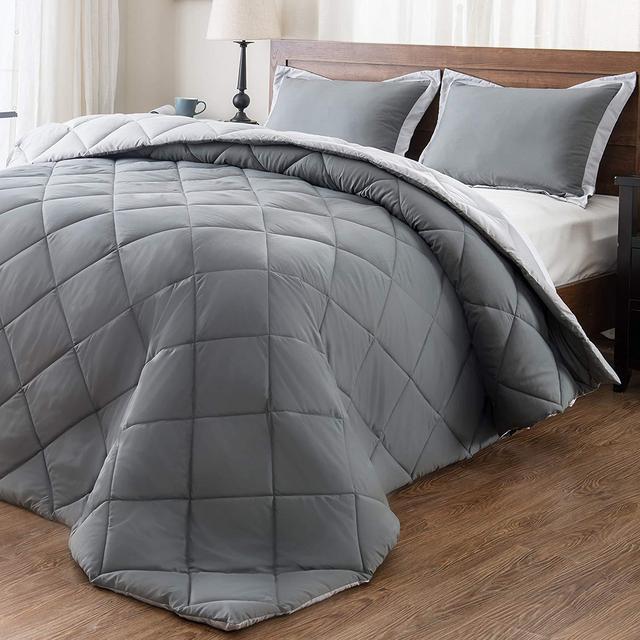 downluxe Lightweight Solid Comforter Set (Queen) with 2 Pillow Shams - 3-Piece Set - Charcol and Grey - Hypoallergenic Down Alternative Reversible Comforter