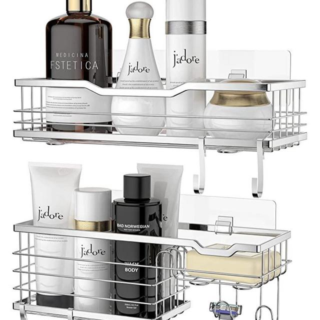 HBlife Shower Caddy Shelf SUS304 Stainless Steel Shower Organizer with Hooks and Soap Dish,No Drilling Shower Rack with Waterproof Adhesive for Bathroom Kitchen,2 Pack,Silver