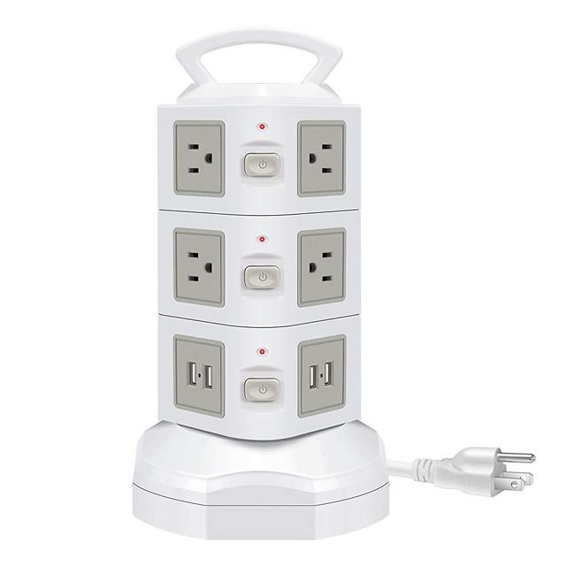 Power Strip Surge Protector - GLCON Power Strip Tower with 4 USB Ports + 10 Outlet Plugs + 6ft Long Extension Cord - Universal Charging Station Vertical Socket for Electric Appliance Device (White)