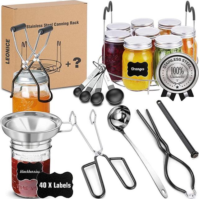Canning Supplies Starter Kit, Stainless Steel Canning Set Tools: Rack, Ladle, Measuring Spoons, Funnel, Tongs, Jar Lifter, Lid Lifter & Accessories for Canner/Pot, Beginner, Home Canning Kit - Black