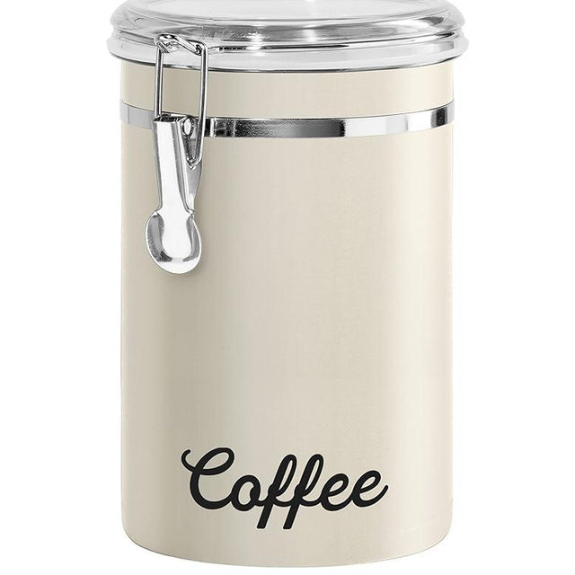 Oggi Stainless Steel Coffee Canister 62 fl oz - Airtight Clamp Lid, Warm Gray, Tinted See-Thru Top - Ideal for Coffee Bean Storage, Ground Coffee Storage, Kitchen Storage, Pantry Storage. 5 x 7.5