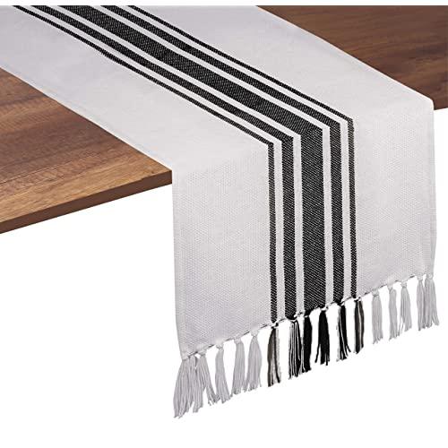 Native Fab Pure Cotton Table Runner Farmhouse 90 Inches Long - Wedding Table Runners with Fringes, Parties Rustic Bridal Shower Decor Dining Table Runners 14x90 Black White