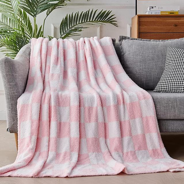 BRICHOEE Throw Blankets Checkered Reversible Microfiber Blankets, Super Soft Warm Cozy Fluffy Blankets for Couch Bed Sofa Camping Travel (Pink, 51"x63")
