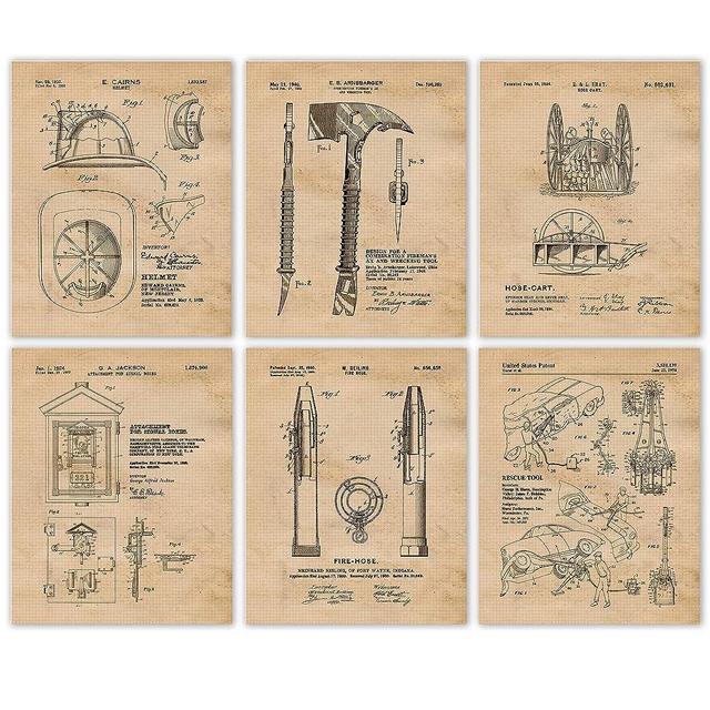 Vintage Fireman Tools Patent Prints, 6 (8x10) Unframed Photos, Wall Art Decor Gifts Under 20 for Home Office Garage Man Cave Fire Station Coach College Student Teacher First Responders Hero Fan