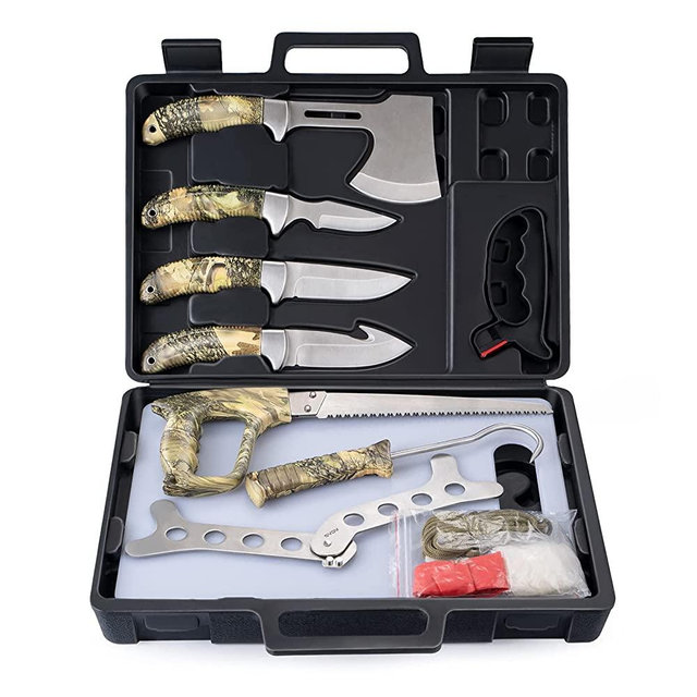 GVDV Hunting Knife Set - 14 Pieces, Portable Butcher Game Processing Kit for Men, Field Dressing Kit with Gut Hook Skinner Knife, Caping Knife, Axe, Wood/Bone Saw, Spreader, Gloves and More