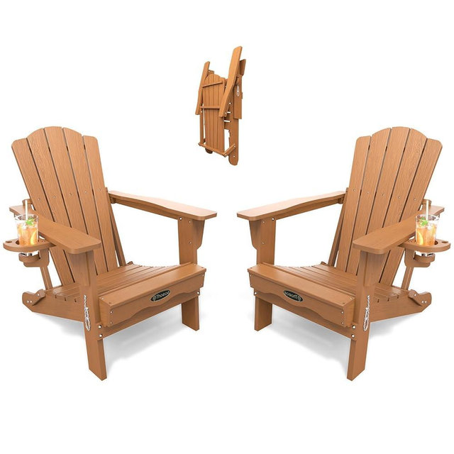 THOEOE Folding Adirondack Chair Set of 2, HDPE All-Weather Outdoor Chair with Cup Holder, Wooden Textured, Fire Pit Chair, Plastic Patio Chair for Deck, Backyard, Garden, Lawn