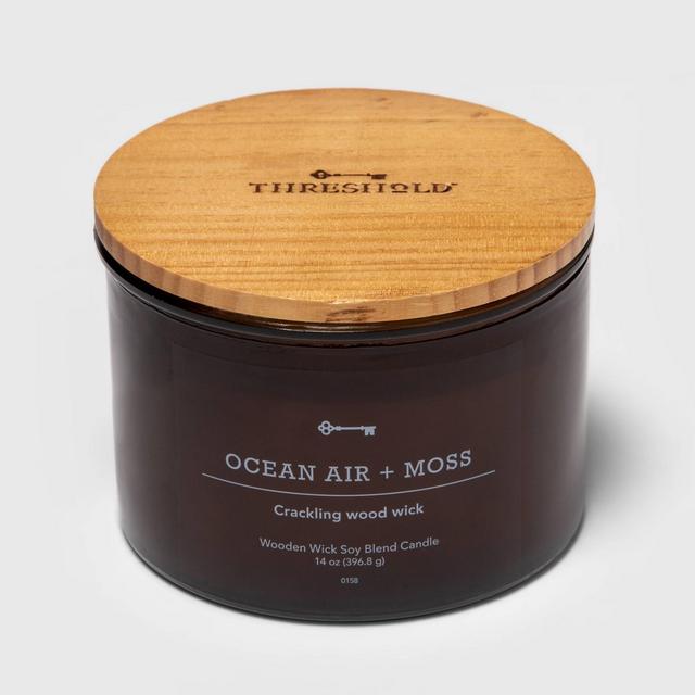 14oz Lidded Amber Glass Jar Crackling Wooden 3-Wick Ocean Air and Moss Candle - Threshold™