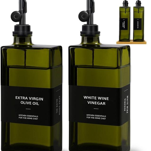 Olive Oil Dispenser Bottle for Kitchen with Bamboo Tray- 16.9oz Glass Oil and Vinegar Dispenser Set, Soy Sauce & Syrup Bottle, Modern Hostess Gift (Green, Set of 2)