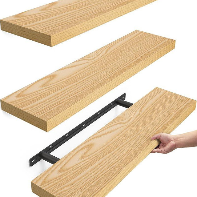 BAYKA Floating Shelves for Wall, 22.5 inches Wall Mounted Rustic Wood Shelves for Bathroom, Bedroom, Living Room, Floating Shelves for Books/Storage/Decor (Light Oak-Toned,Set of 3)