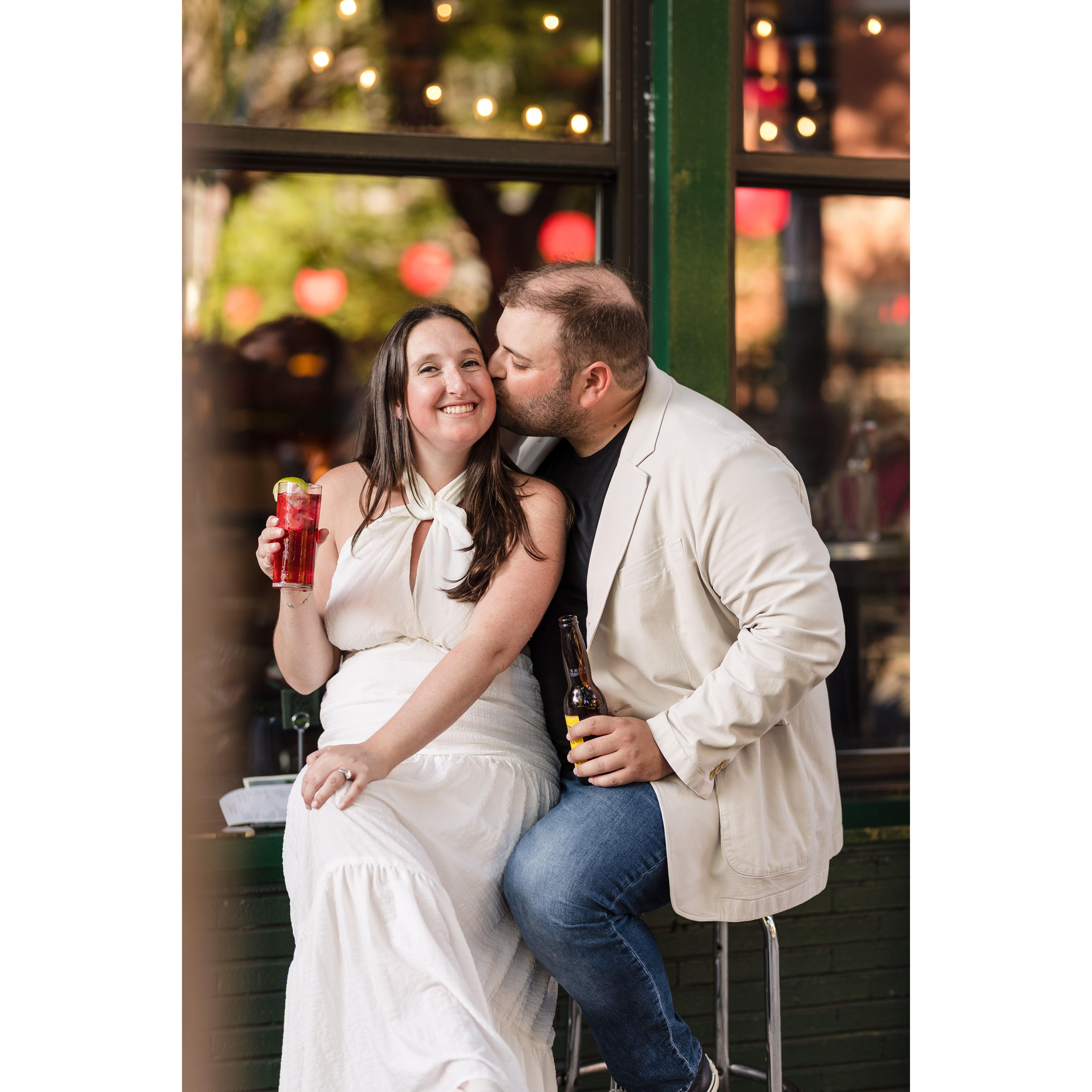 At Happiest Hour with our drinks we ordered on our first date: Vodka Cranberry + Miller High Life