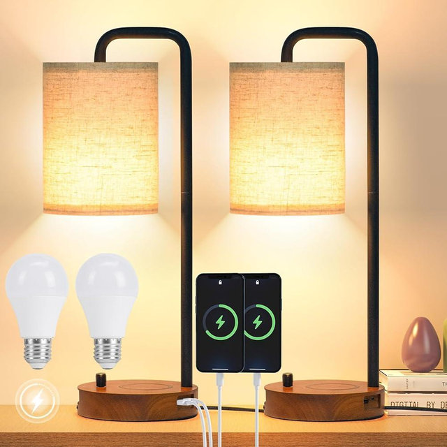 ATAEFR Table Lamps Set of 2 with USB Ports and Wooden Base, Bedside Nightstand Lamps with Warm White Bulbs, Fabric Shade for Bedroom, Living Room, Office, Boho