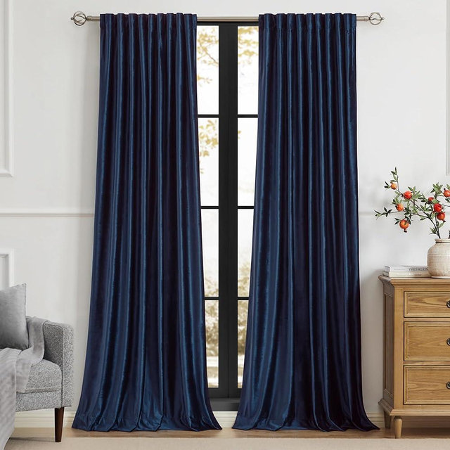 PRIMROSE Navy Blue Velvet Curtains 108 inch Long for Living Room,Set of 2 Panels Blackout Rod Pocket Back Tab Window Treatment Room Darkening Heavy Decorative Curtains Drapes for Bedroom