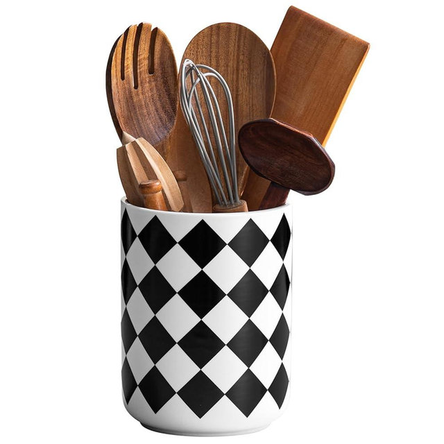Kitchen Utensil Holder for Countertop， 6.4" Ceramic Utensil Holder Deep and Stable，Kitchen Utensil Organizer，Modern Checkered Utensil Holder for Decor
