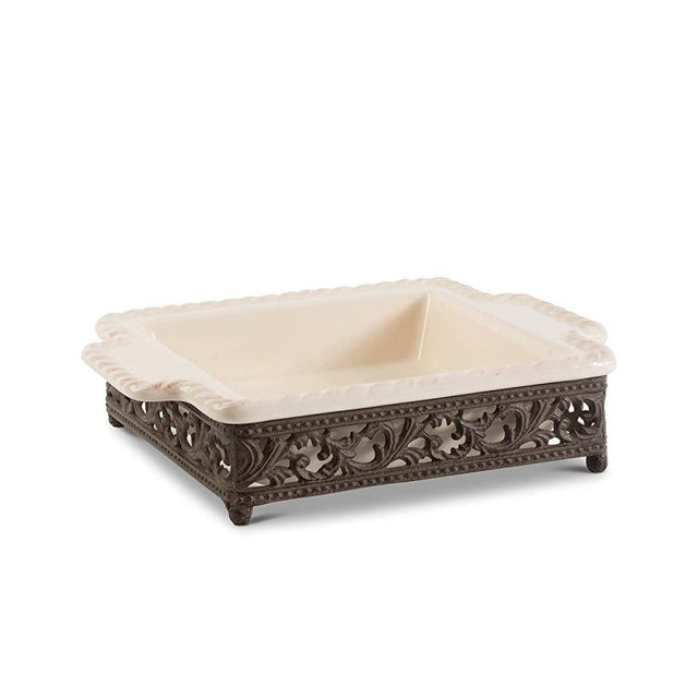 Elegant Acanthus Scrolled Leaf Small Ceramic Baker, Cream, 9 inch by 9 inch