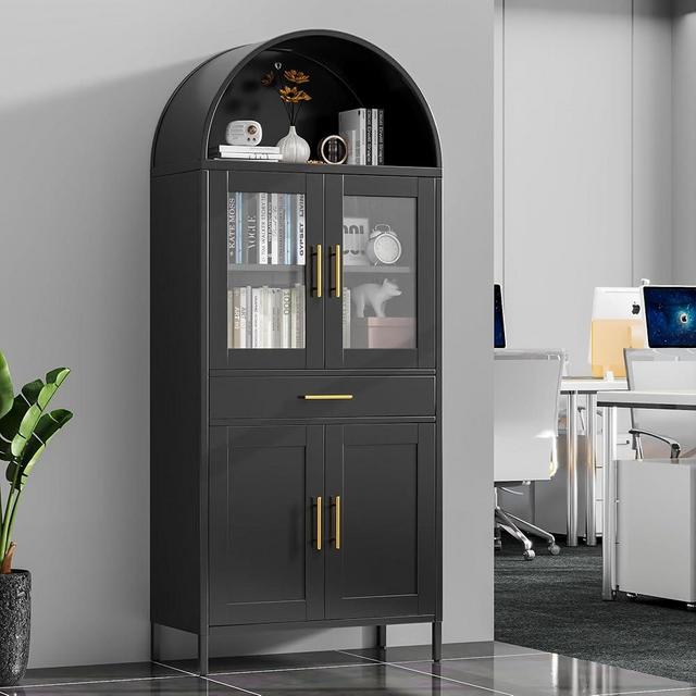 METALYEYE 73" H Metal Arched Cabinet with 2 Glass/Metal Door, Arched Bookcase with 1 Drawer &2 Shelves,Modern Farmhouse Versatile Bookshelf for Office, Home, Bedroom,Kitchen Assembly Required,Black