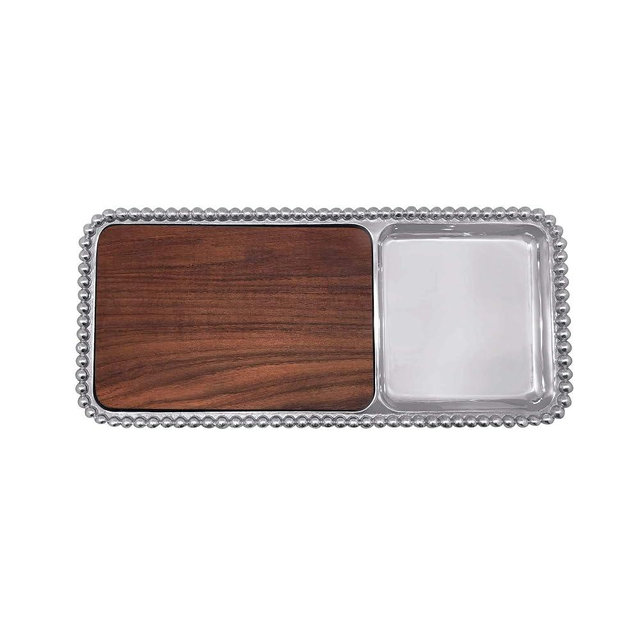 MARIPOSA Pearled Cheese and Cracker Server with Dark Wood Insert, Silver