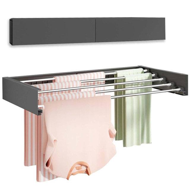 Vikaqi Wall Mounted Clothes Drying Rack 32", Foldable Wall Mount Laundry Rack Folding Indoor, Drying Rack Clothing Collapsible, Hidden Space Saver with Wall Template, 5 Rods, Black