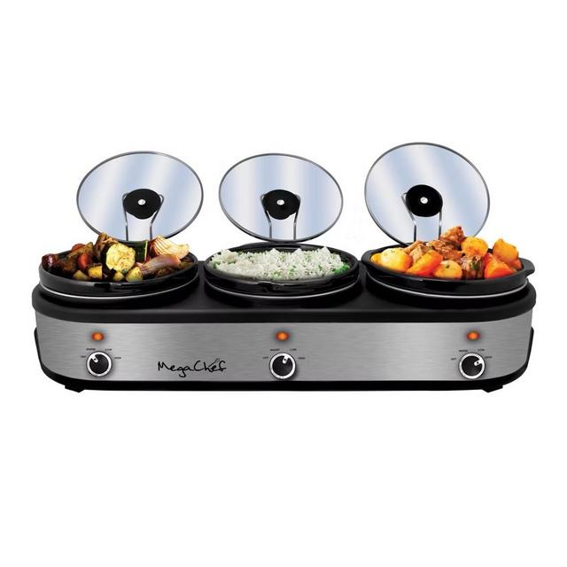 MegaChef Triple 2.5qt Slow Cooker and Buffet Server Stainless Steel